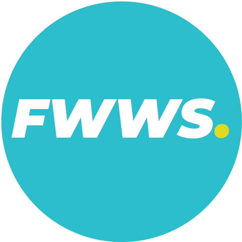 White uppercase letters 'FWWS' with a small yellow dot on a turquoise circular background.