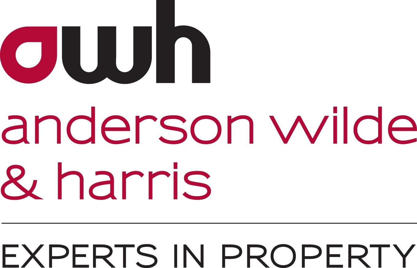 Logo with stylized lowercase 'awh' and text reading 'anderson wilde & harris' followed by 'EXPERTS IN PROPERTY'.