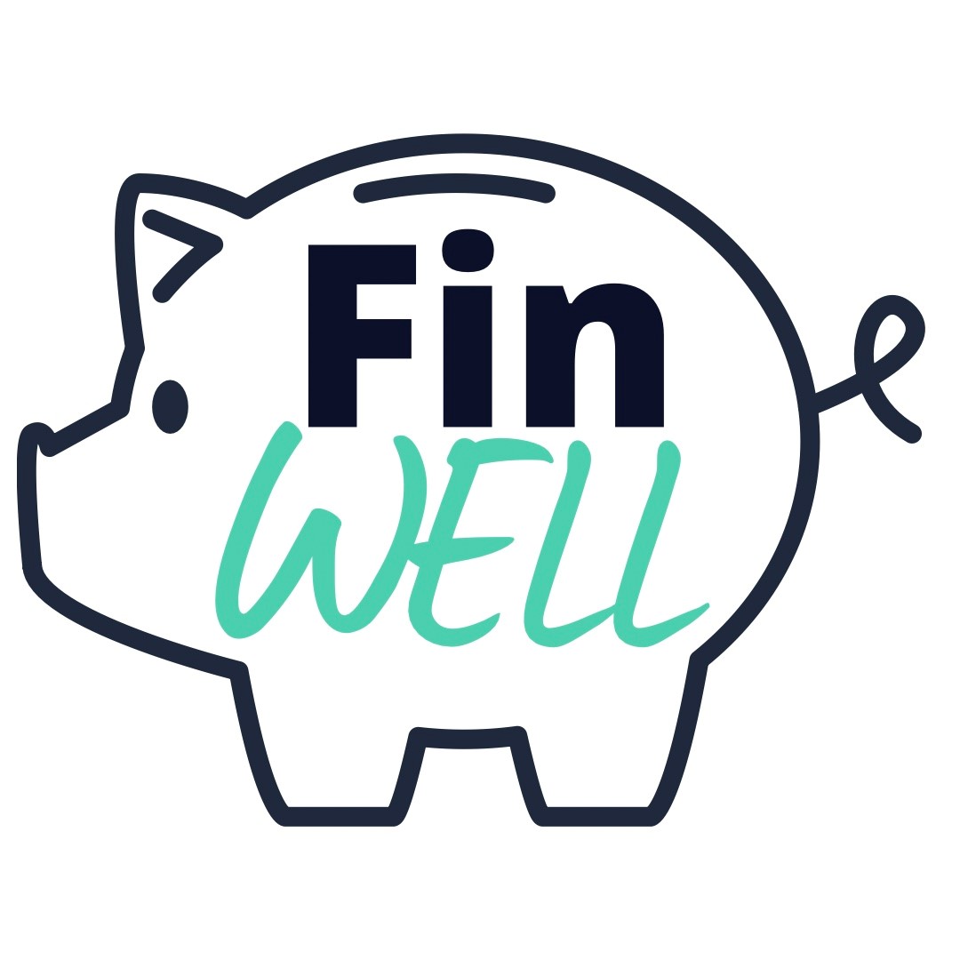 Illustration of a piggy bank outline with the words 'Fin WELL' inside, combining finance and wellness themes.