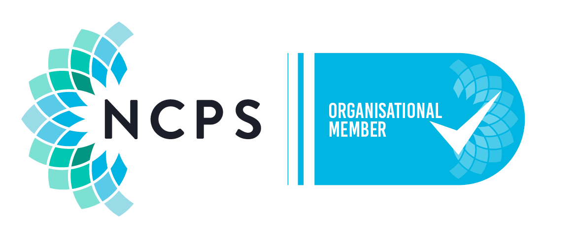 NCPS logo in black with a semi-circular pattern of blue and teal shapes, next to a blue rounded rectangle containing the text 'Organisational Member' and a white check mark overlaid on a similar pattern.