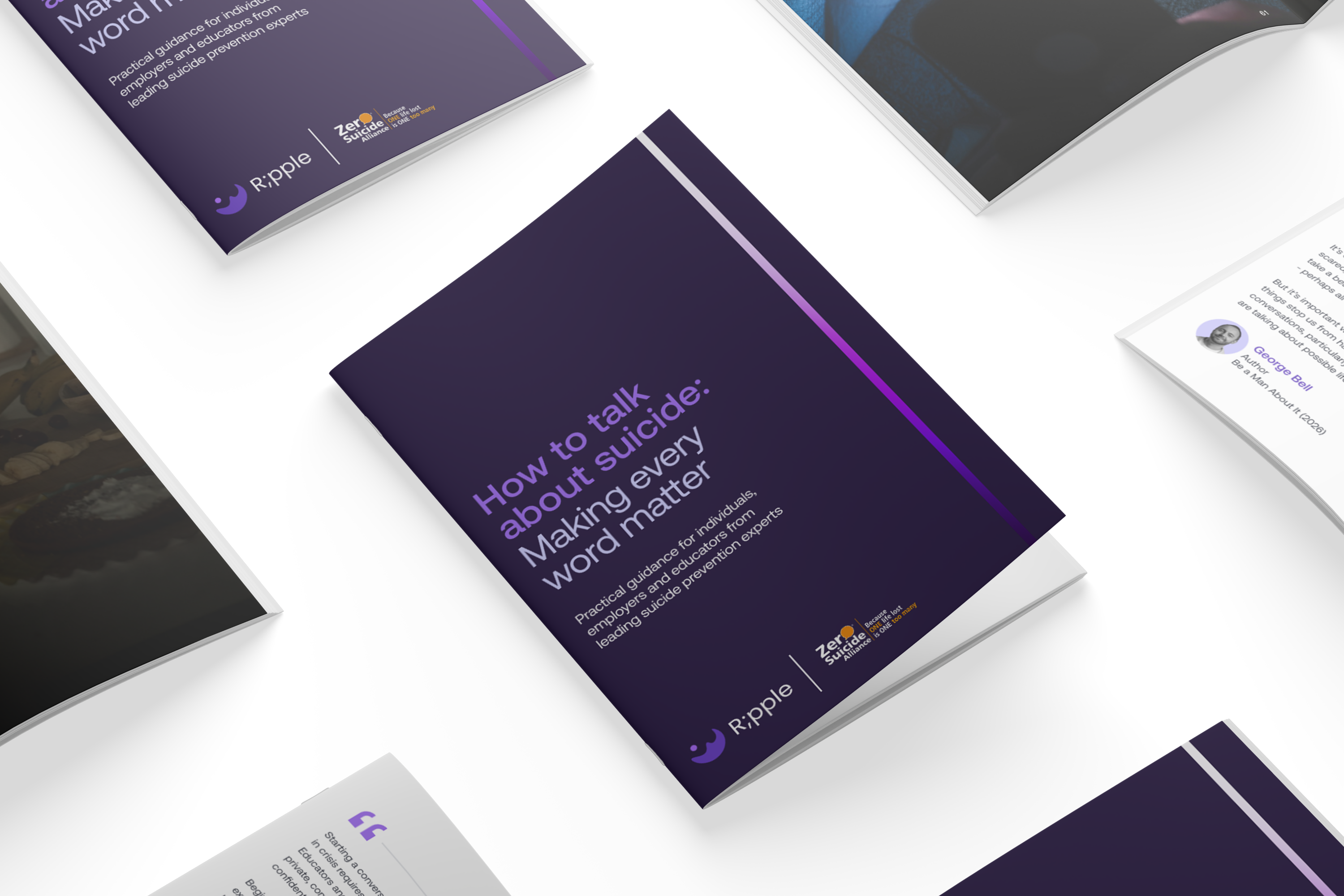 Brochure titled 'How to talk about suicide: Making every word matter' with practical guidance for individuals, employers, and educators, by Ripple and Zero Suicide Alliance.