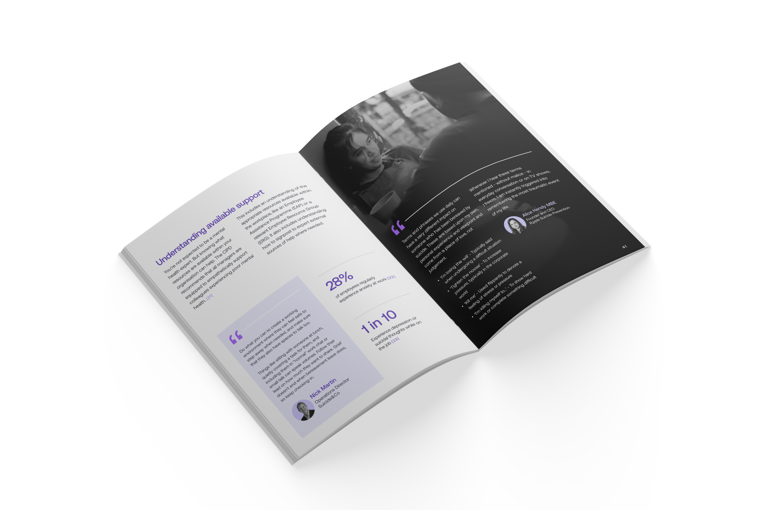 Open book showing a two-page spread about mental health support with quotes, statistics, and a monochrome photo of two people conversing over coffee.