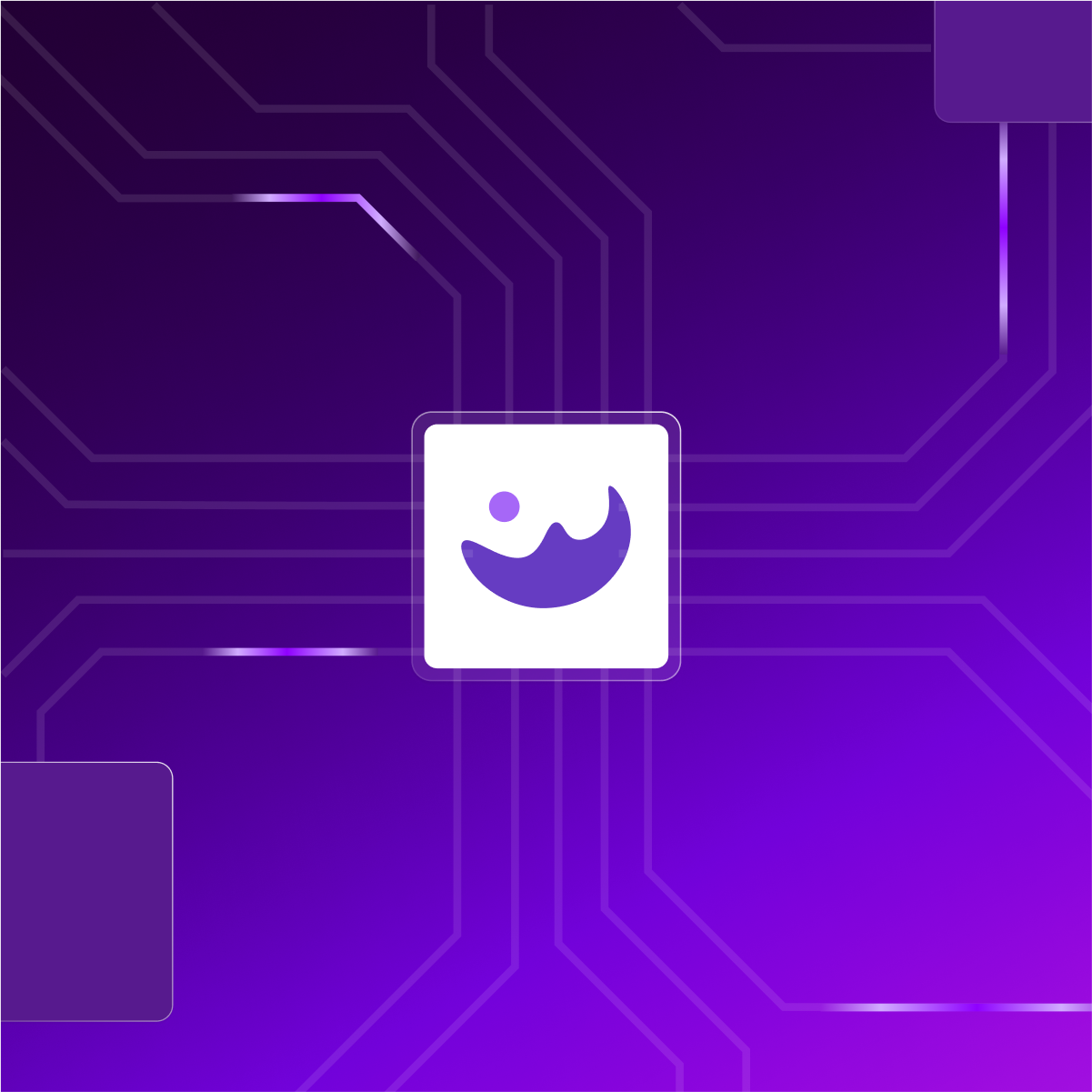 Purple abstract background with circuit-like lines converging on a white square containing a simplified mountain and sun icon.