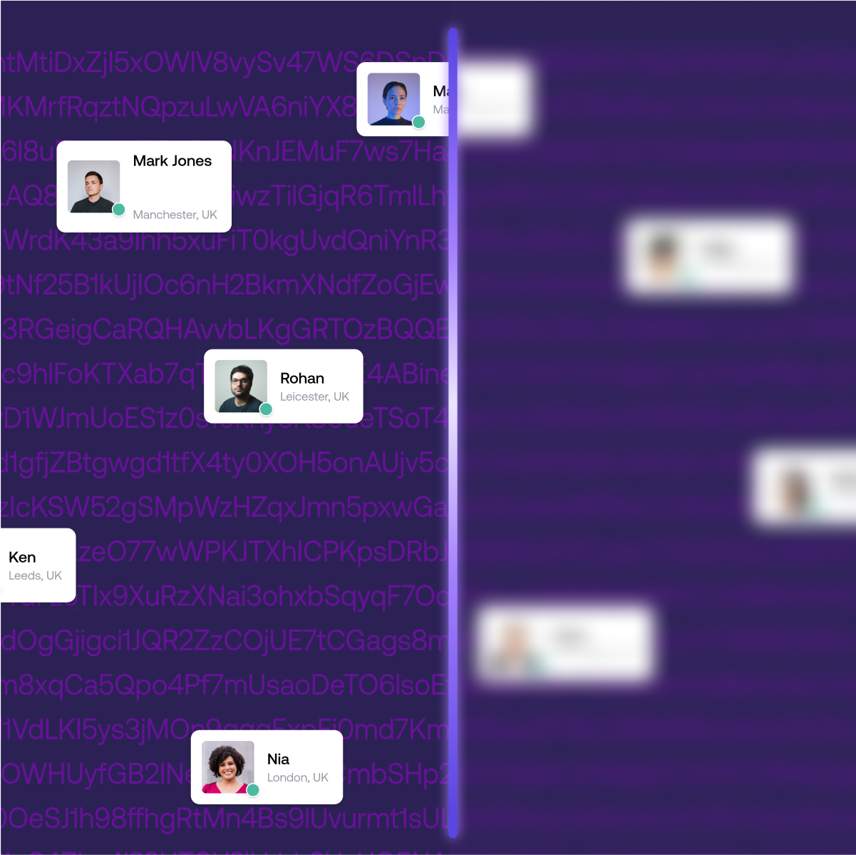 Dark purple background with glowing vertical line and blurred text, featuring white user cards with profile photos and names: Mark Jones from Manchester, Rohan from Leicester, Ken from Leeds, and Nia from London.