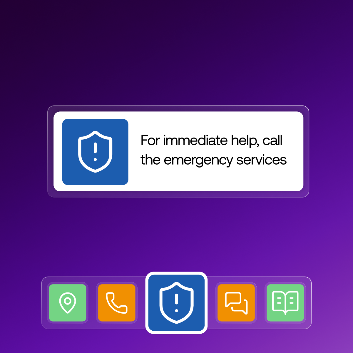 User interface with a security shield icon and text advising to call emergency services for immediate help, highlighted among navigation icons.